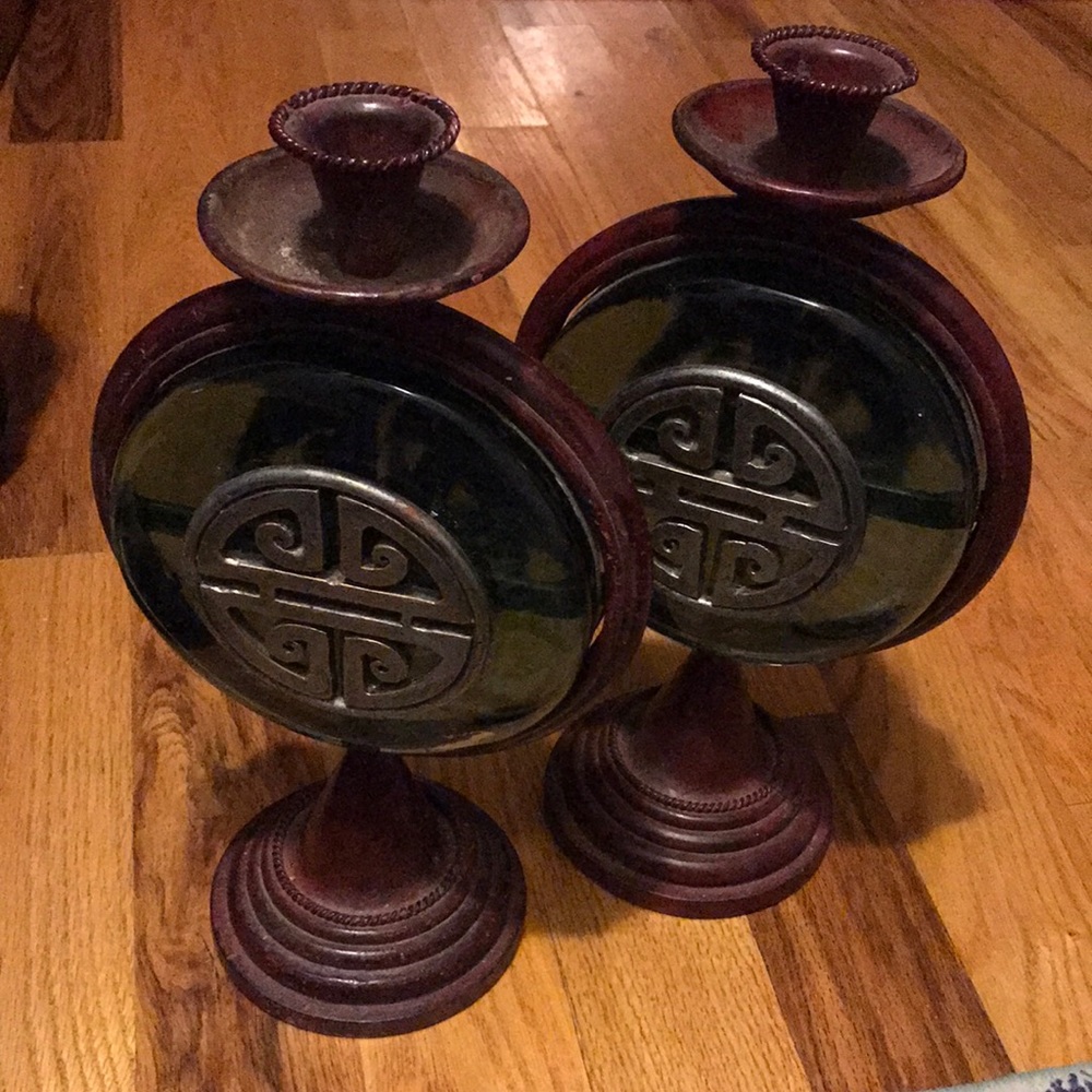 Asian style cast iron and glass candle holder set